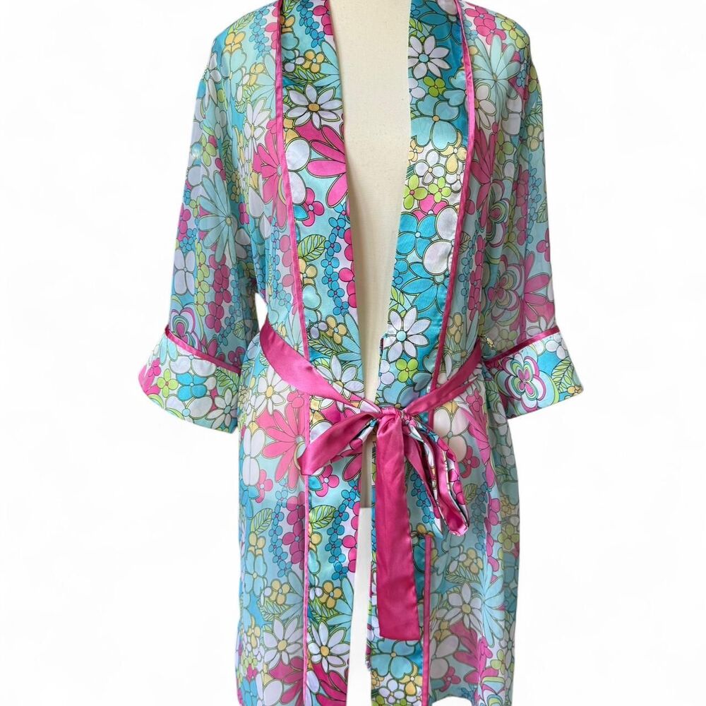 Delicates Floral Robe Waist Tie 3/4 Sleeves Medium Y2K Cosmopolitan